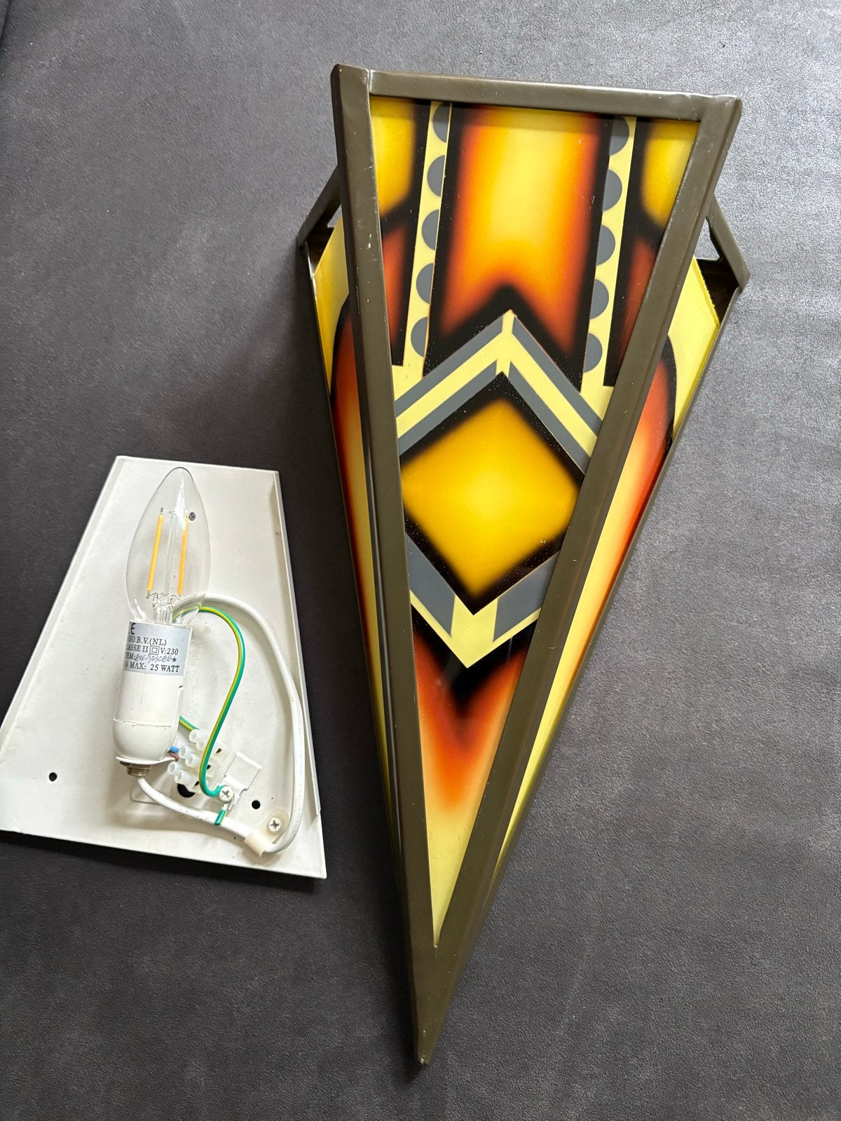 Vintage wandlamp met Art Deco/Tribal patroon, Huis en Inrichting, Lampen | Wandlampen, Gebruikt, E14 (klein), Meerkleurig, Ophalen of Verzenden