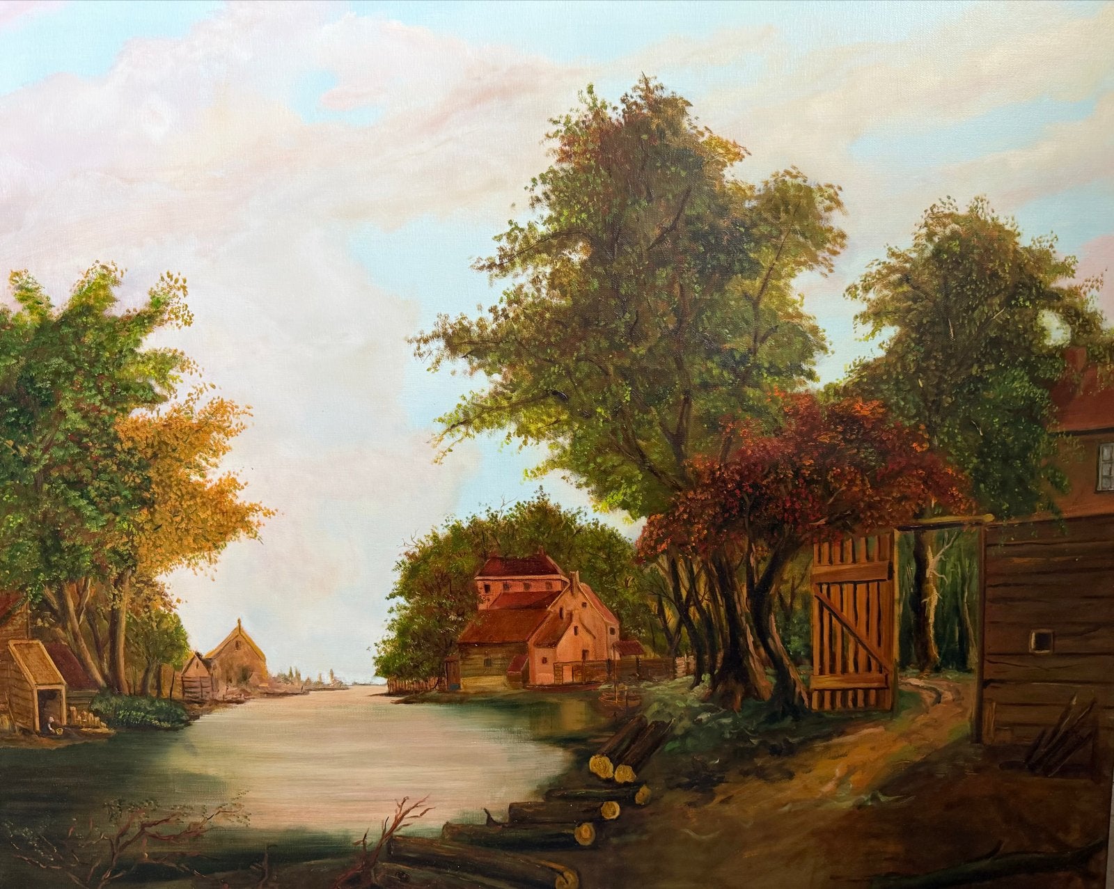 Twee Schilderijen: Rivierlandschappen met Huizen, Antiek en Kunst, Ophalen