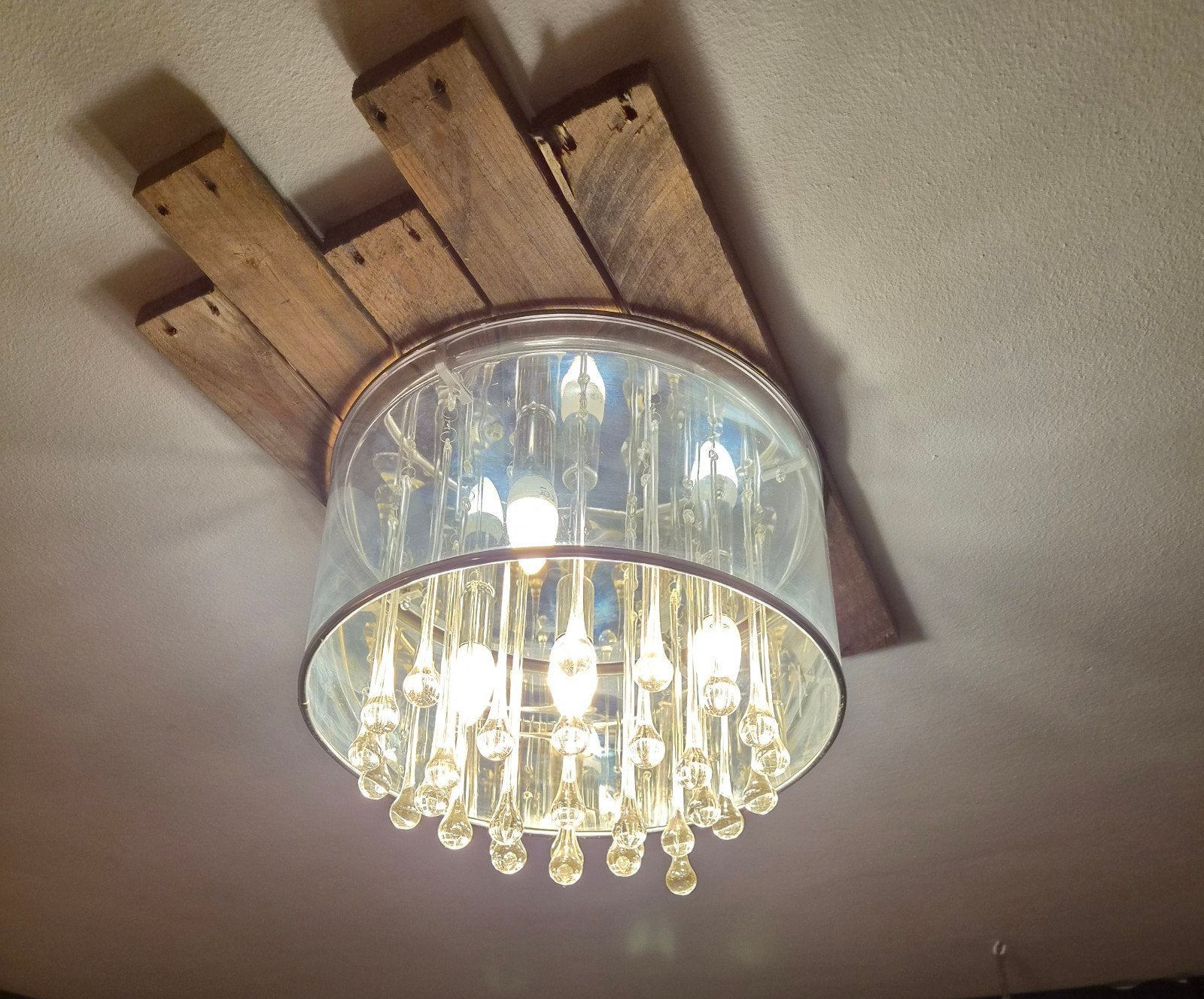 Chique plafondlamp met glazen pegels, Ophalen, Zilver, Gebruikt, Plafondlamp