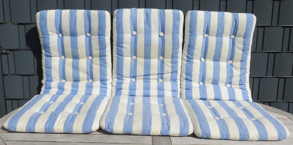 3 KaBeGe blauwe met wit gestreepte tuinstoelkussens, Ophalen of Verzenden, Zo goed als nieuw