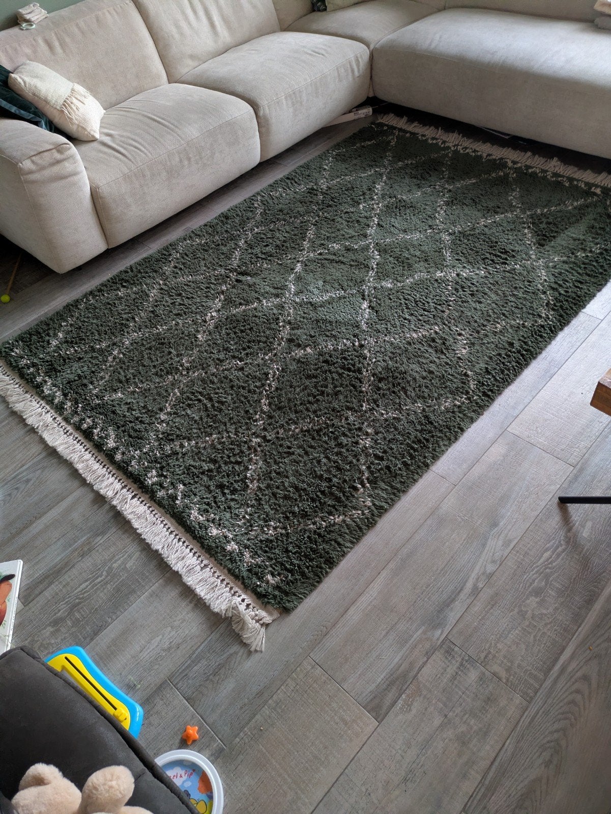 Karwei vloerkleed geruit, donkergroen met wit, 160x230cm, Ophalen, Gebruikt, Wit, 150 tot 200 cm