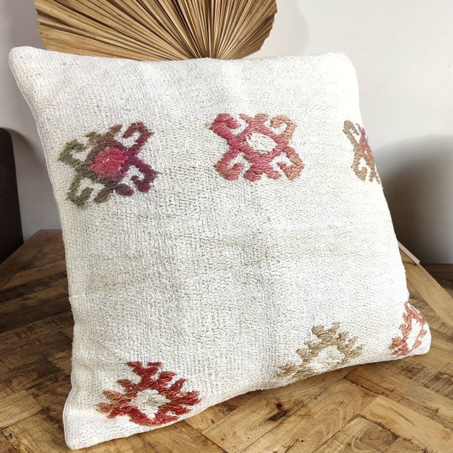 Kelimkussen hennep - 50x50 - naturel - geborduurd - uniek, Overige kleuren, Handgemaakt, Vierkant, Nieuw