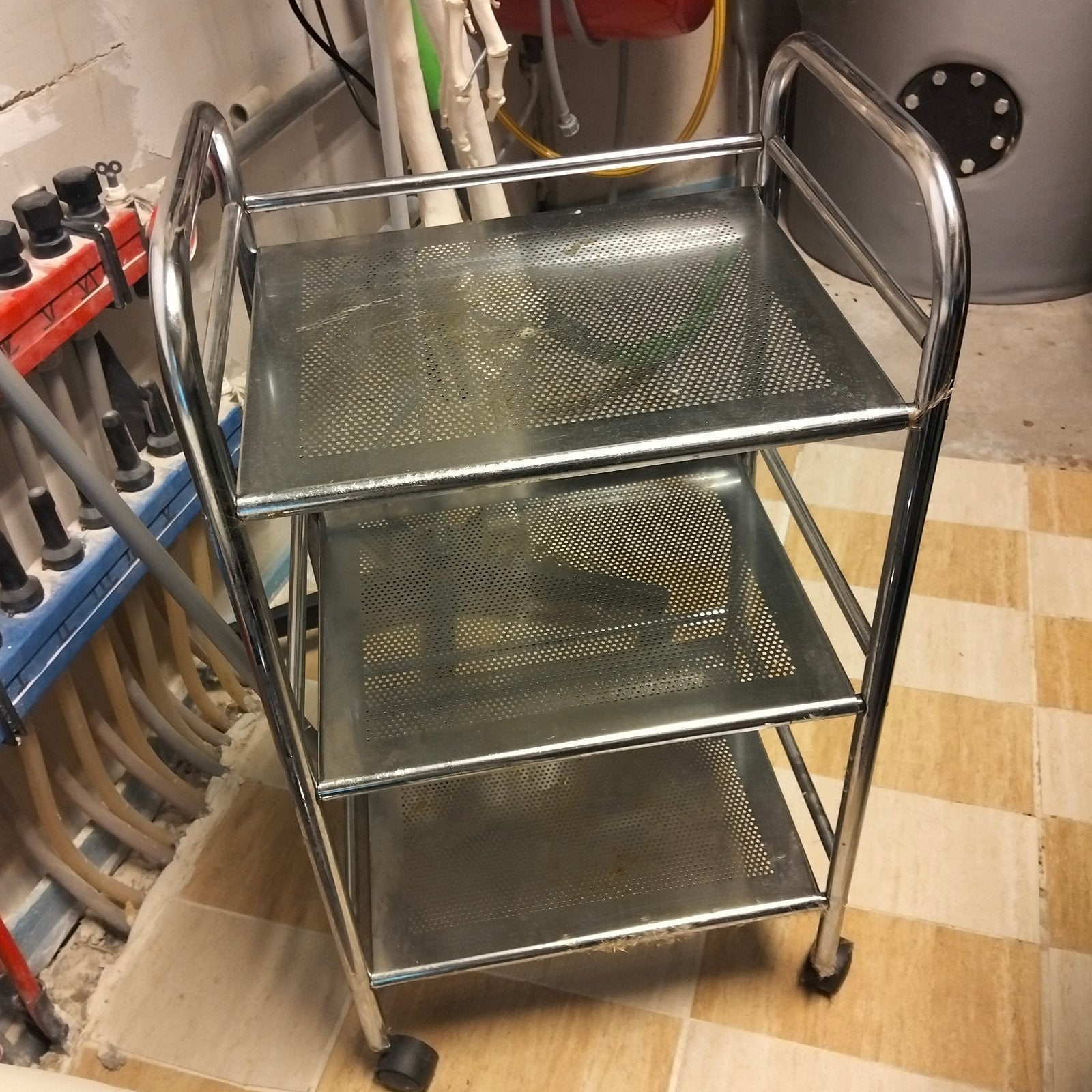 Verrijdbaar metalen rek met 3 etages, Gebruikt, Ophalen of Verzenden, Zilver, Metaal