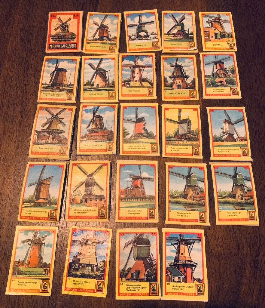 24 Vintage Molen Lucifers plaatjes bovenkant luciferdoosjes, Ophalen of Verzenden, Gebruikt, Luciferdoosjes of -merken