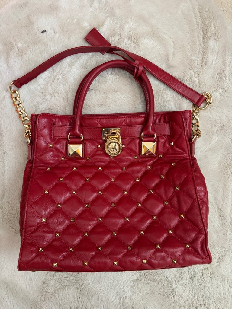 Michael Kors Hamilton Large Quilted Studs Bag – Rood/Goud, Verzenden, Zo goed als nieuw, Rood, Handtas