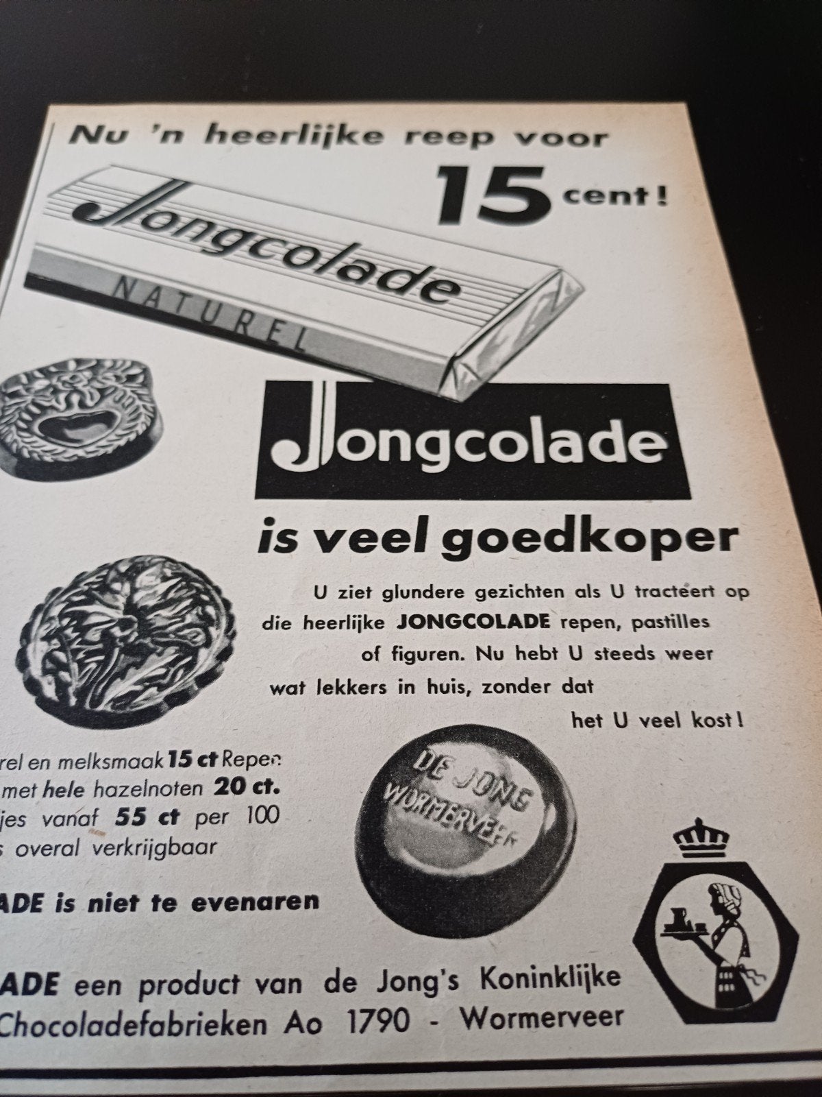 advertentie Jongcolade chocolade Wormerveer heerlijke reep, Verzamelen, Ophalen of Verzenden, Gebruikt, Overige typen