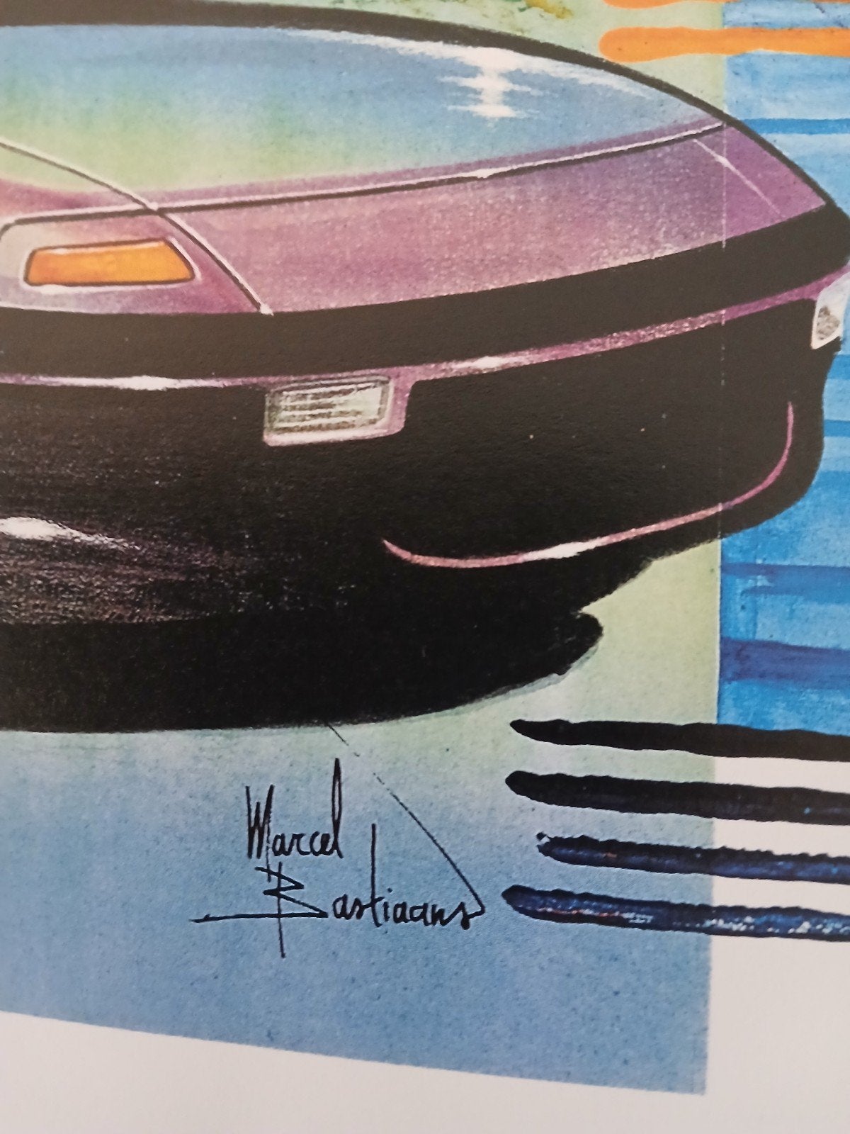 Marcel Bastiaans - Zeefdruk met auto's, boten en zeilboot, Antiek en Kunst, Voertuigen, Papier/karton, Zeefdruk, Ophalen of Verzenden