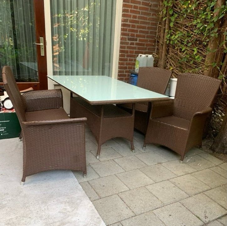 Mooie bruine wicker tuinset met tafel en 2 stoelen + bank, Tuin en Terras, Tuinsets en Loungesets, Ophalen, 4 zitplaatsen, Eettafel