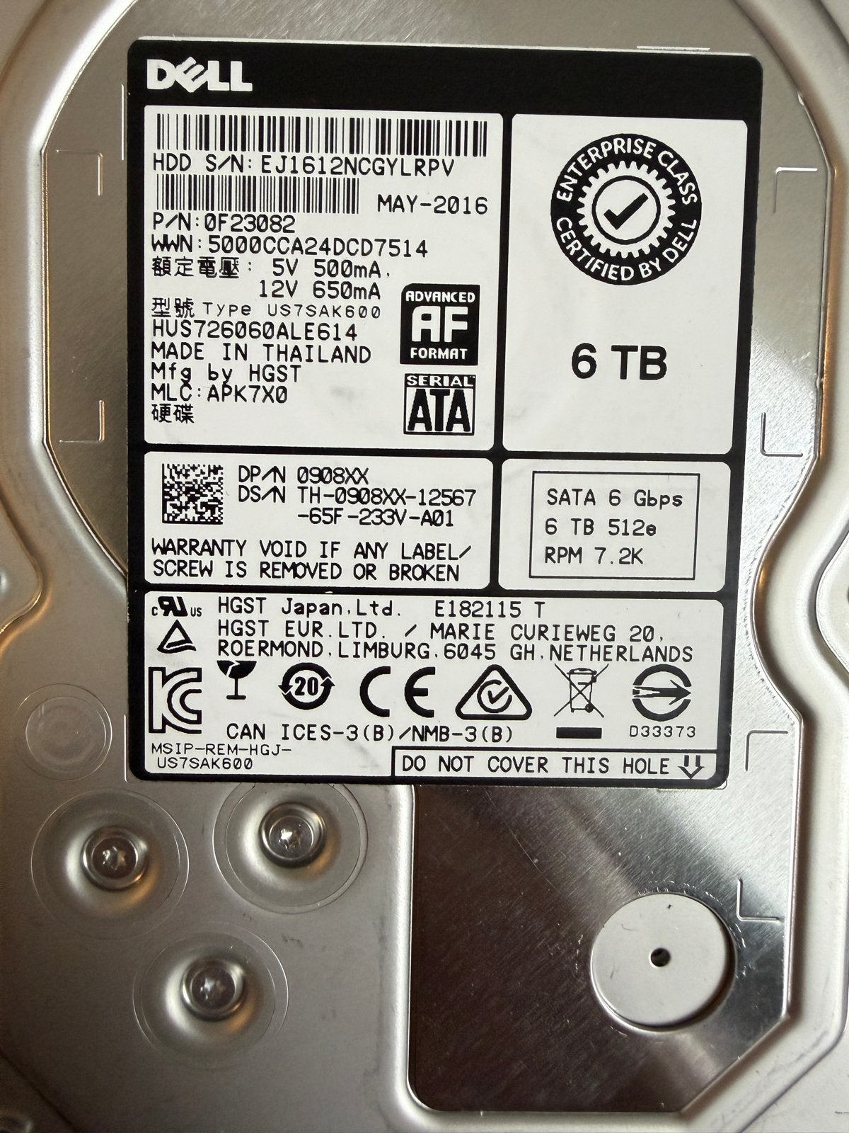 18 x Dell HGST 6TB HDD SATA 7.2K RPM Enterprise Class, Computers en Software, Intern, Hitachi, HGST, Gebruikt, Ophalen of Verzenden
