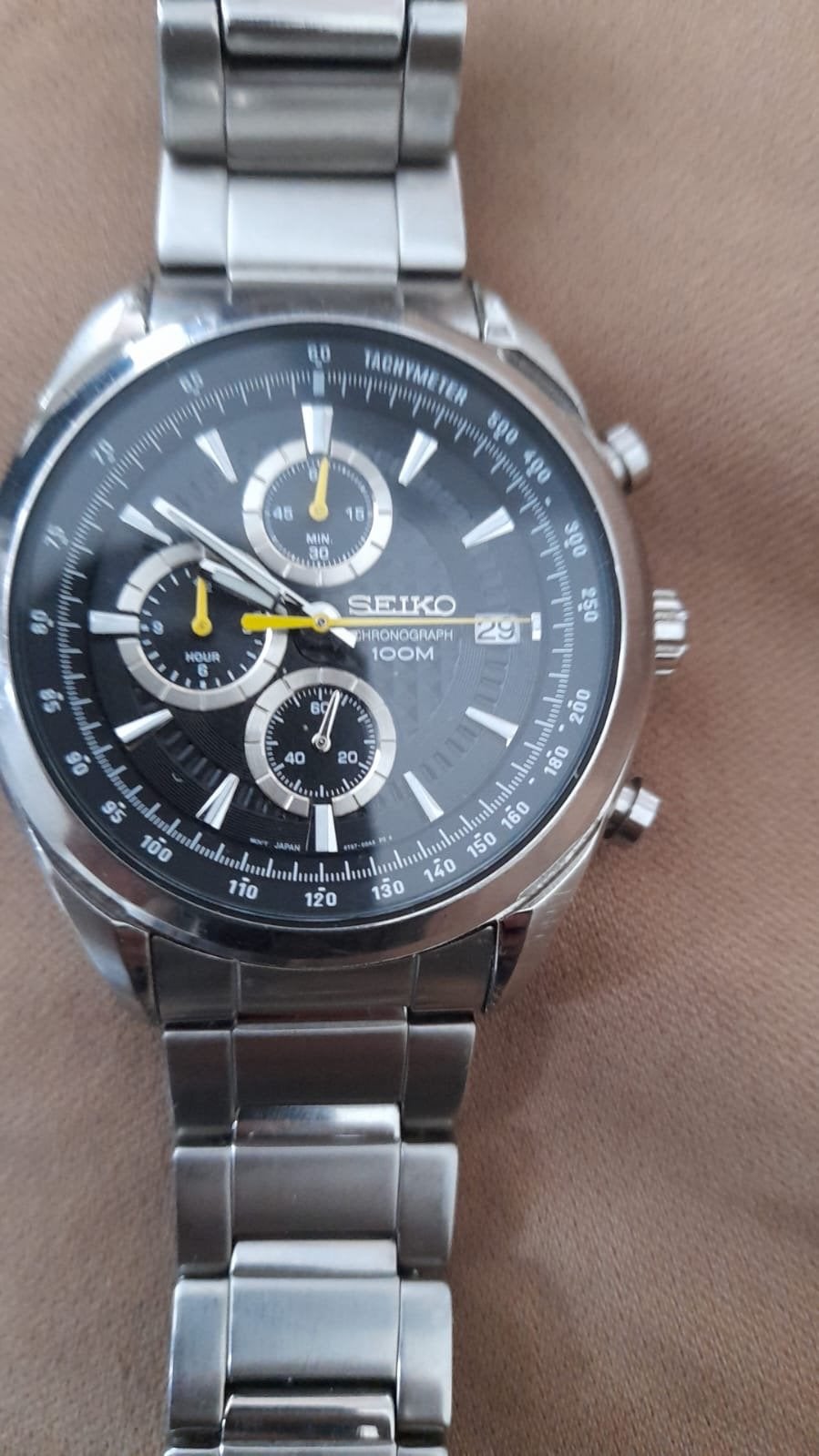 Seiko Chronograph 100M - Zwarte Wijzerplaat, Tachymeter, Seiko, Staal, Polshorloge, Ophalen of Verzenden