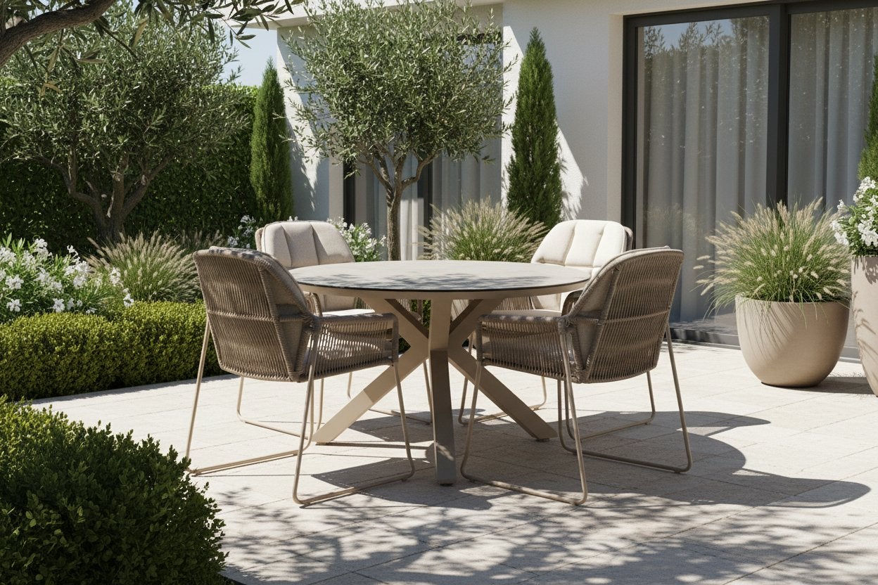 Orbital tafel met 4 Rivera stoelen champagne Tierra Outdoor, Ophalen of Verzenden, Zo goed als nieuw