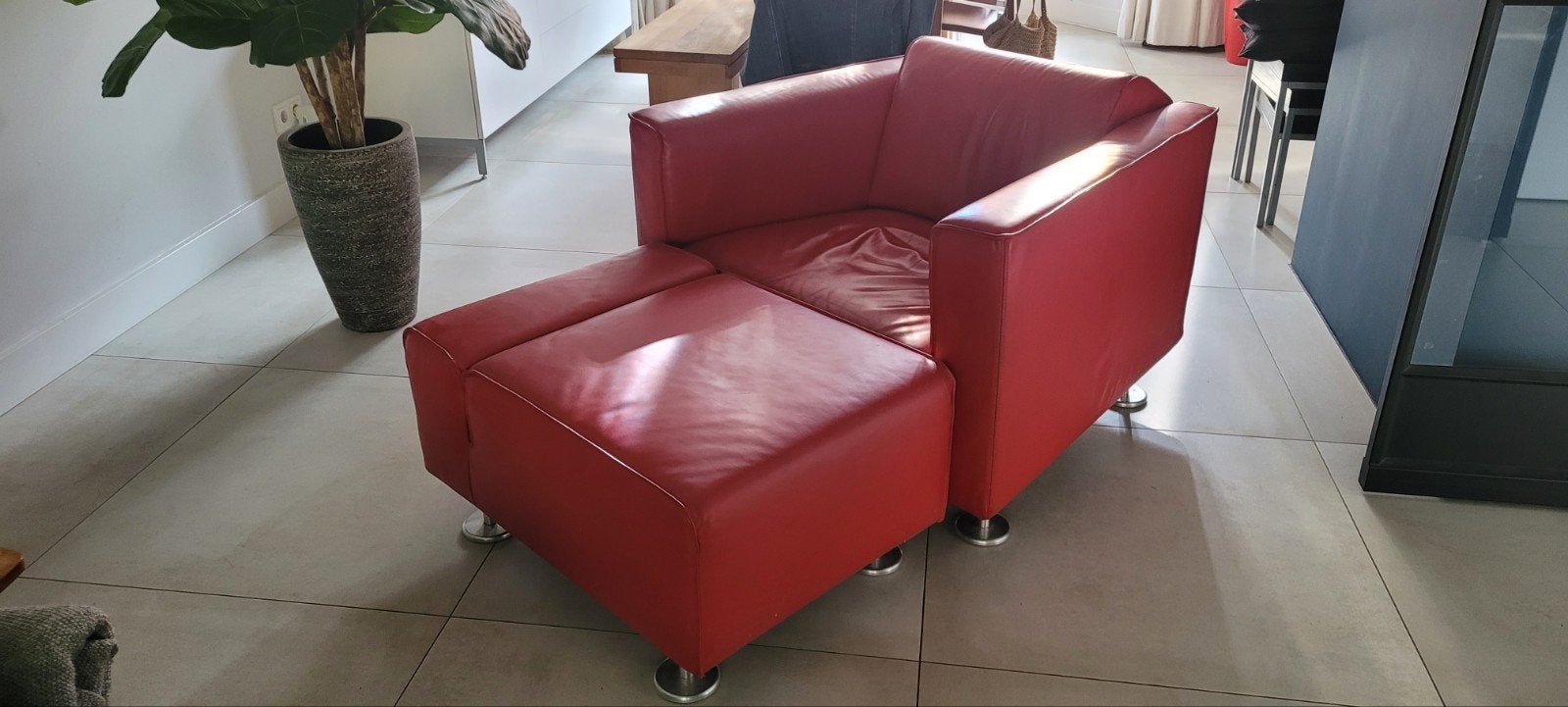 Design on Stock Roderick Vos Bloq roodleren fauteuil, hocker, Ophalen, Gebruikt, Modern Design, 75 tot 100 cm