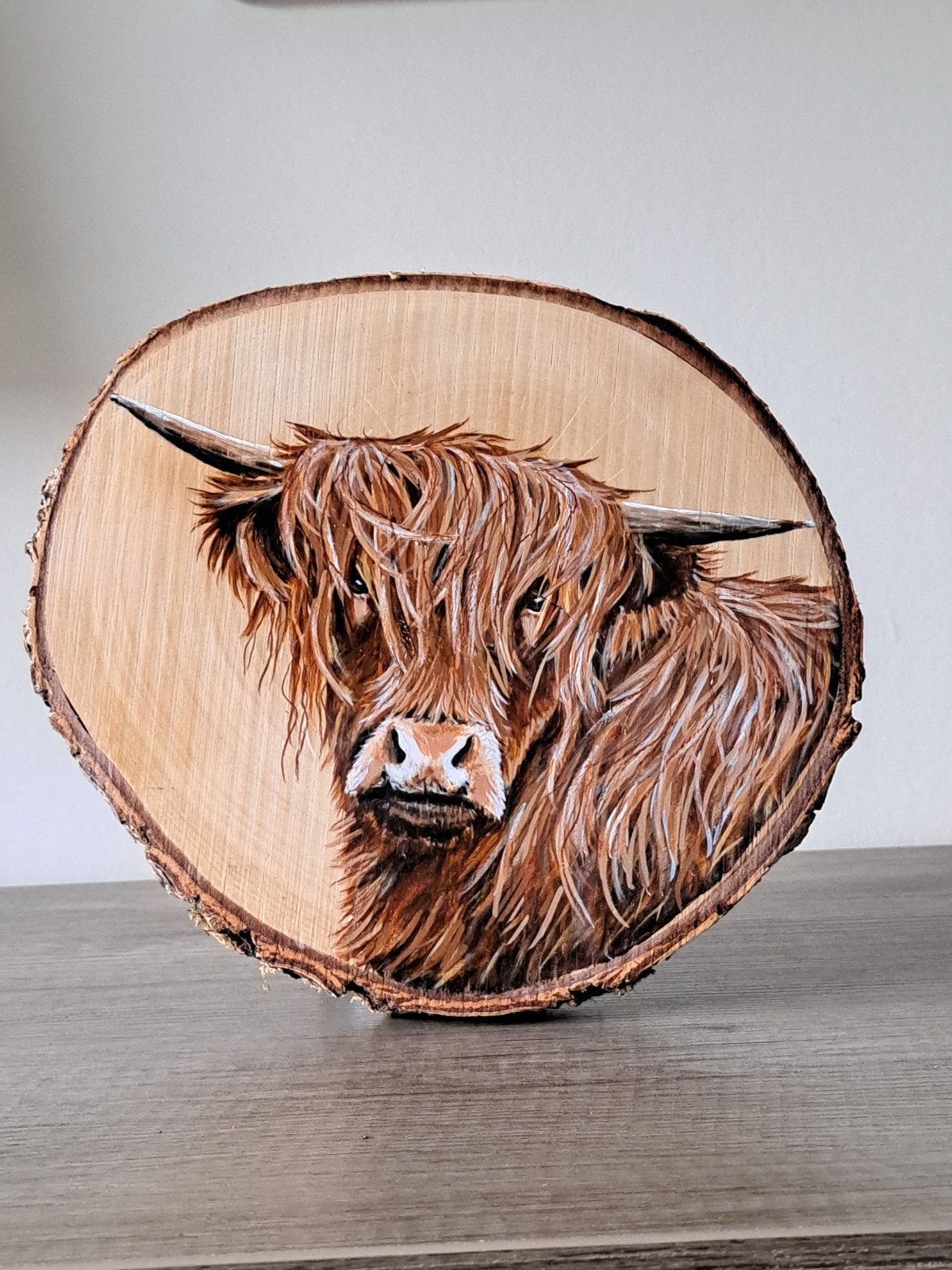Geschilderde Hooglander op houten schijf (22-24 cm), Ophalen of Verzenden
