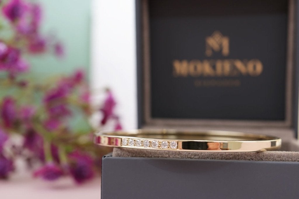 14 Karaat Gouden Slavenarmband Met Diamanten, Ophalen of Verzenden, Zo goed als nieuw, Met edelsteen, Goud