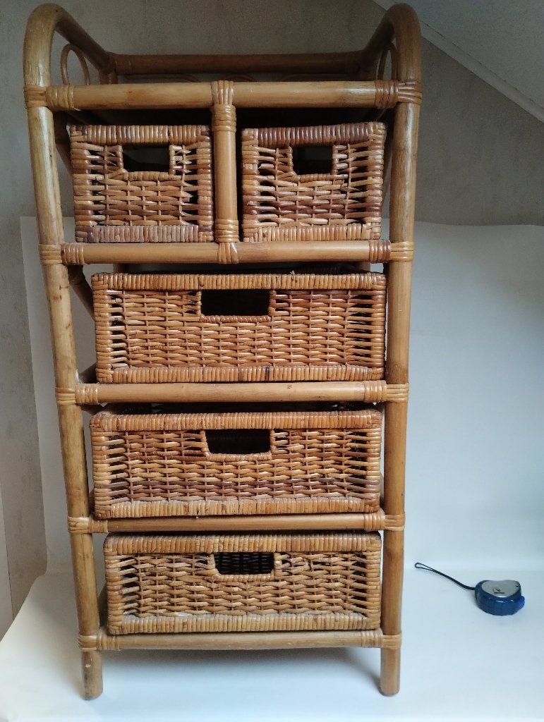 Vintage Bamboe/ rotan Ladekastje 5 laden jaren 70, Huis en Inrichting, Kasten | Ladekasten, Ophalen, Minder dan 50 cm, Gebruikt