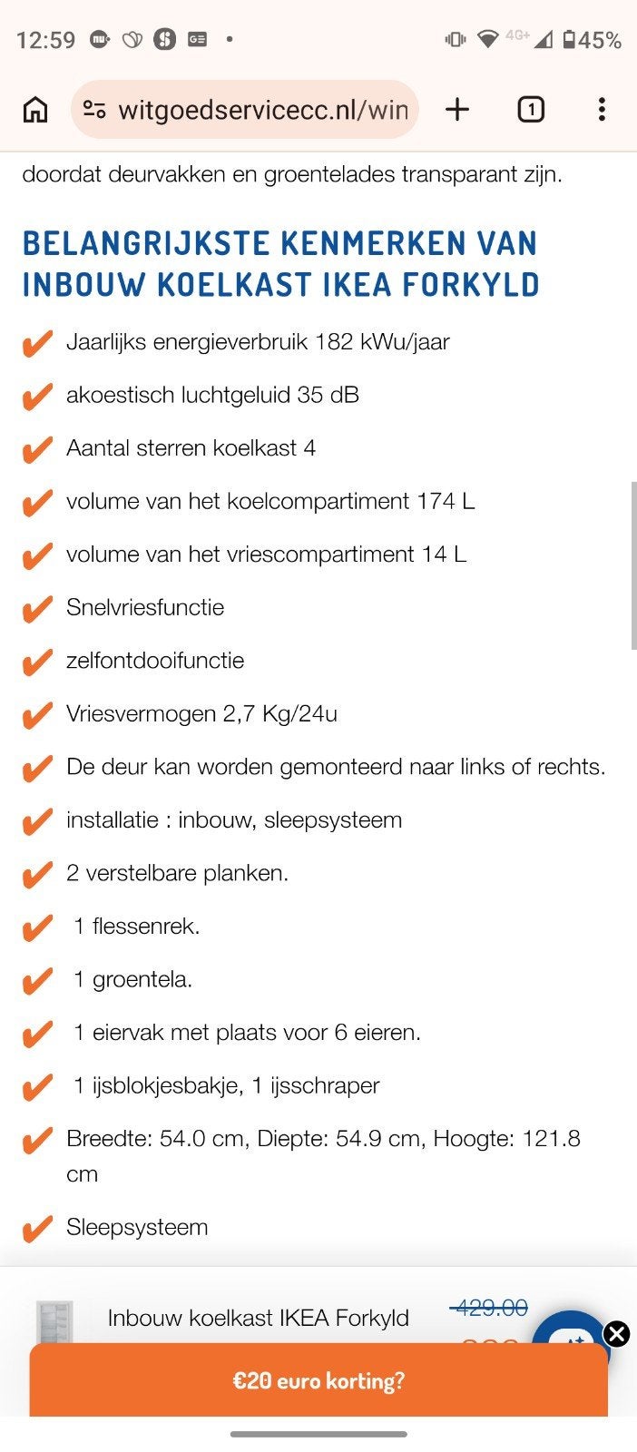 Inbouw koelkast IKEA Forkyld, 150 tot 200 liter, Ophalen, Met vriesvak