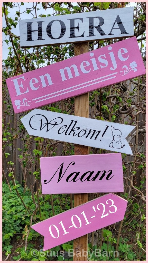 Geboortebord Wegwijzer voor geboorte Meisje 5 planken., Ophalen of Verzenden, Nieuw, Geboortebord
