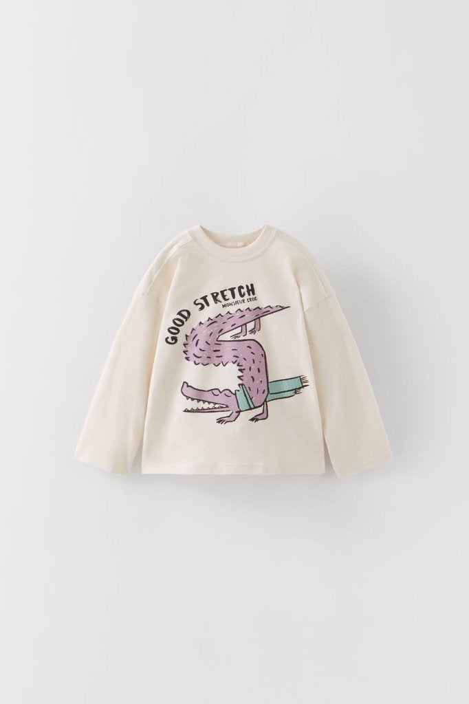 Kind Zara t-shirt longsleeve katoen krokodil print ecru 104, Gebruikt, Ophalen of Verzenden, Zara, Shirt of Longsleeve