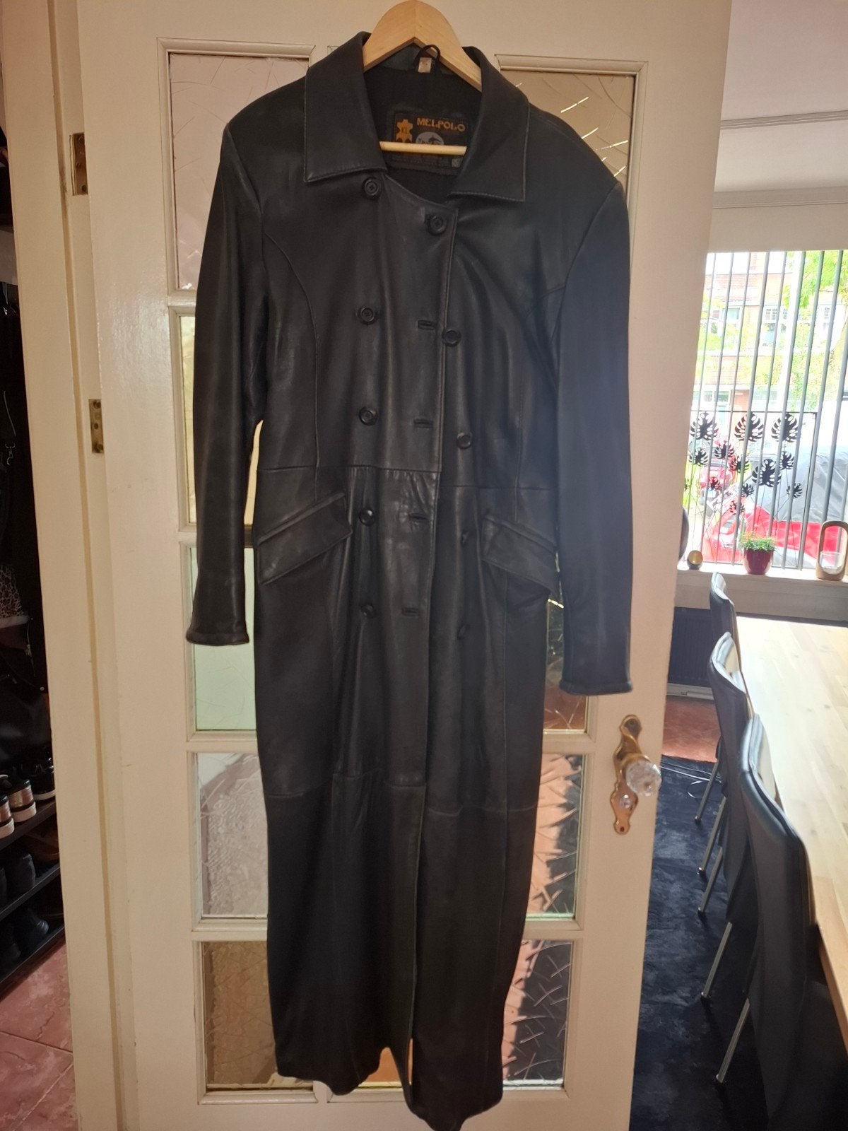 Te Koop : lange leren jas, Melpolo, Zwart, Maat 46/48 (XL) of groter, Ophalen of Verzenden