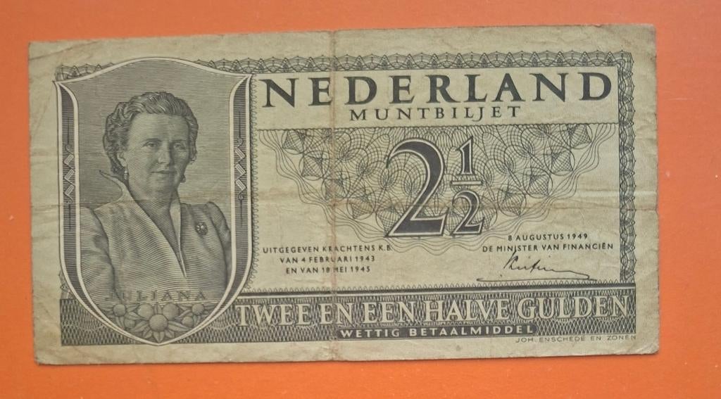 Muntbiljet 2,5 gulden 1949 Juliana, cat. PL17.a / 16-1b, Verzenden, 2½ gulden, Los biljet