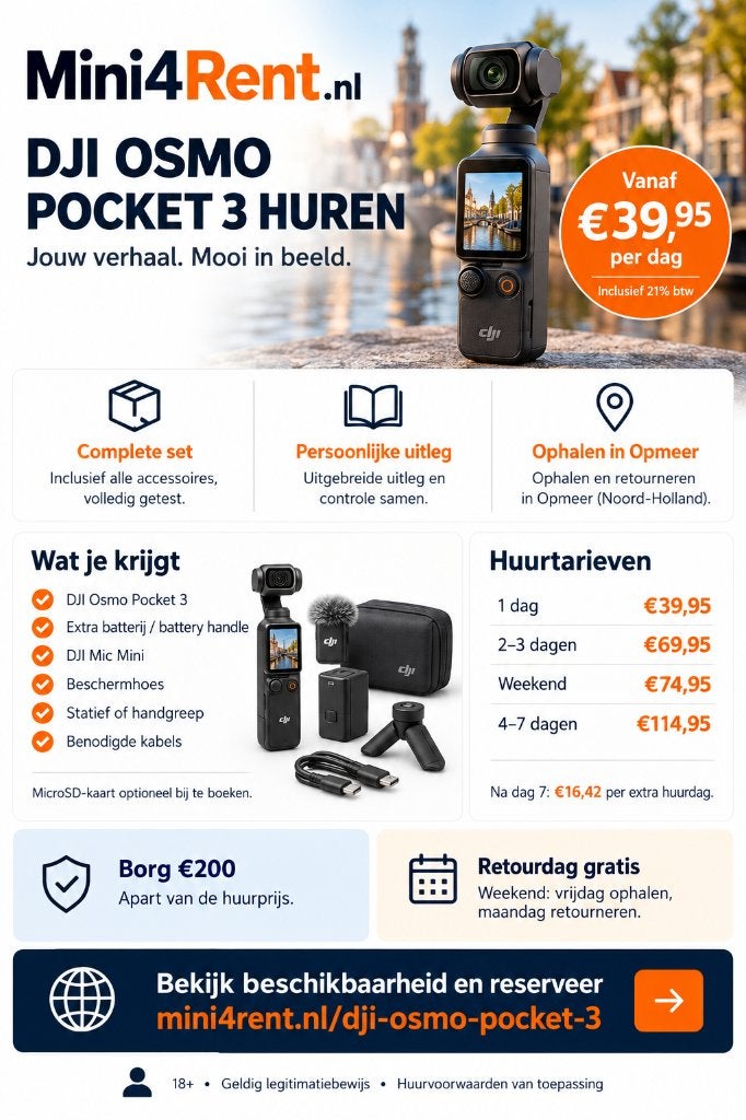 DJI Osmo Pocket 3 huren – complete set met DJI Mic Mini, Nieuw, Minder dan 8x, Geheugenkaart, Camera