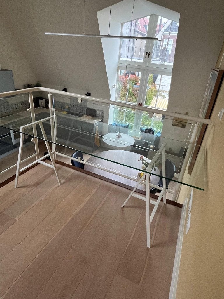 Glazen bureau 65 x 185 cm op schragen, Ophalen, Demontabel, 65 cm, Zo goed als nieuw