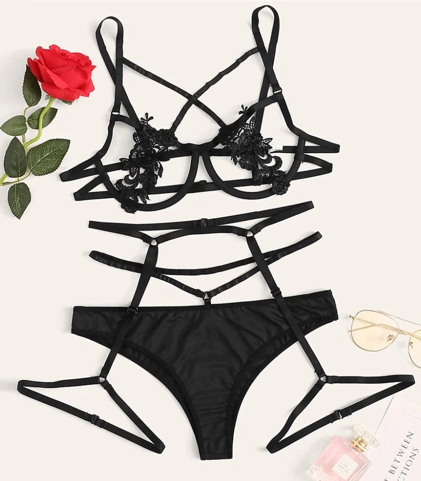 Zwart bloemen bh slipje setje lingerie, Verzenden, Zwart, Setje