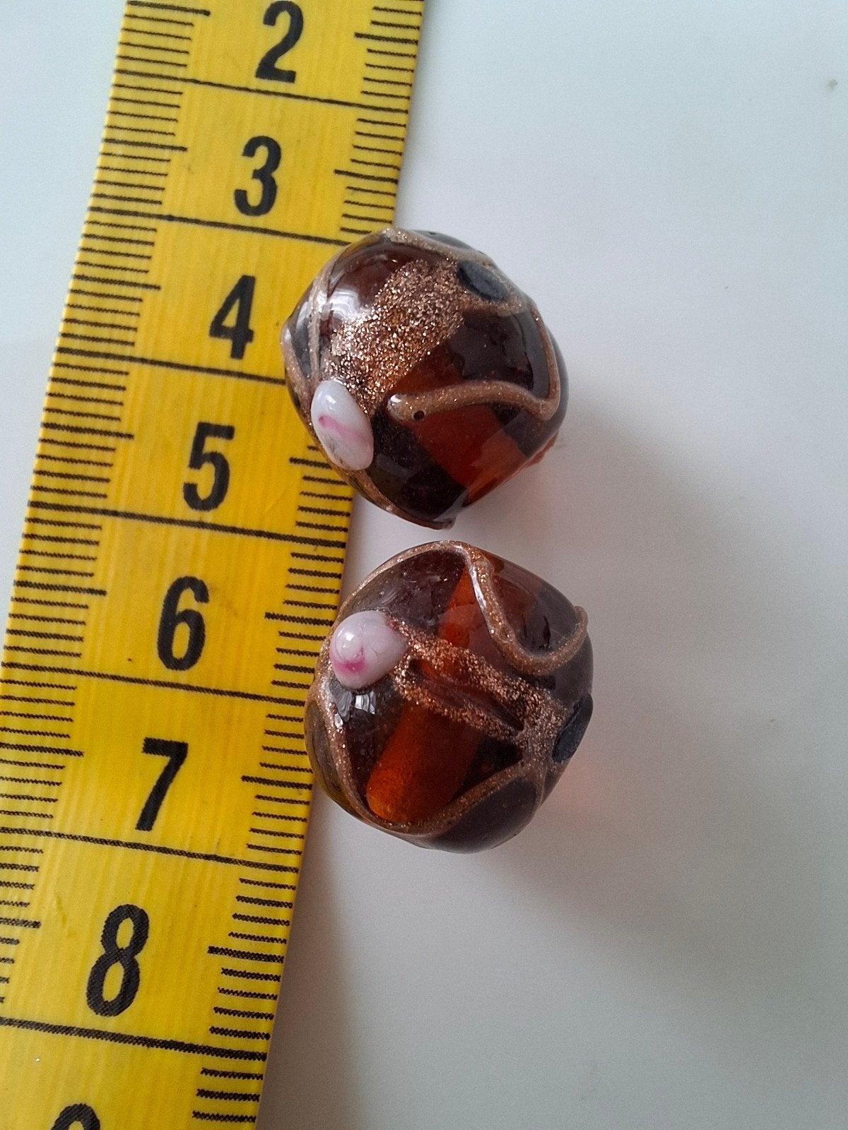 2 grote luxe lampwork glaskralen bruin goud roze kralen, Kraal, -, -, Nieuw