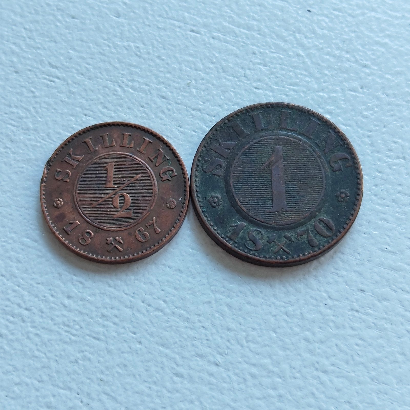 Noorwegen 1/2 skilling 1867 en 1 skilling 1870, Ophalen of Verzenden