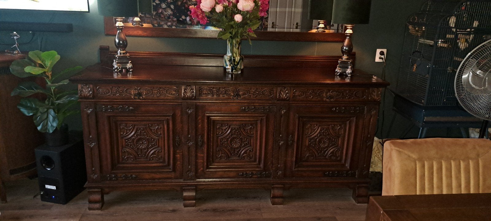 Mooi massief eiken dressoir met grote spiegel., Ophalen, 50 tot 75 cm, 200 cm of meer