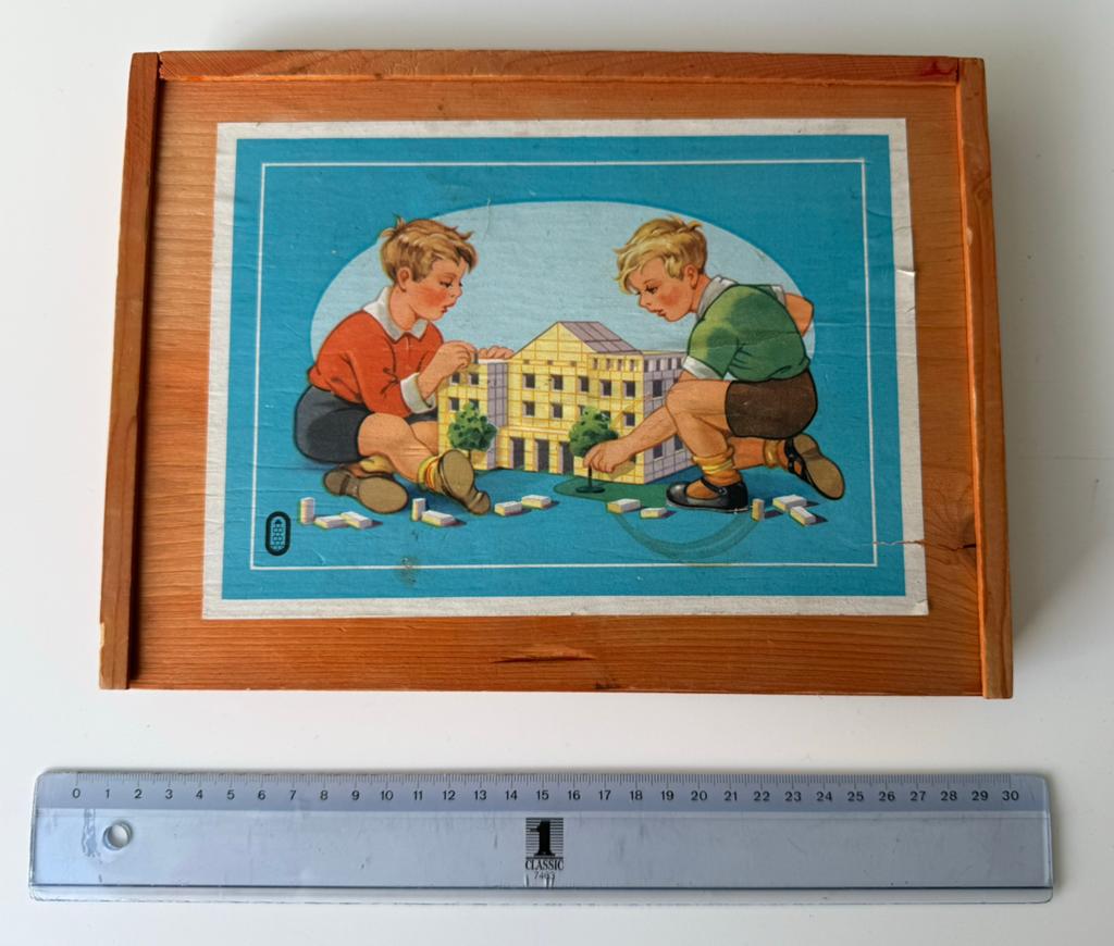 Vintage houten blokkendoos – begin jaren ’60 – compleet, Verzamelen, Ophalen of Verzenden, Gebruikt