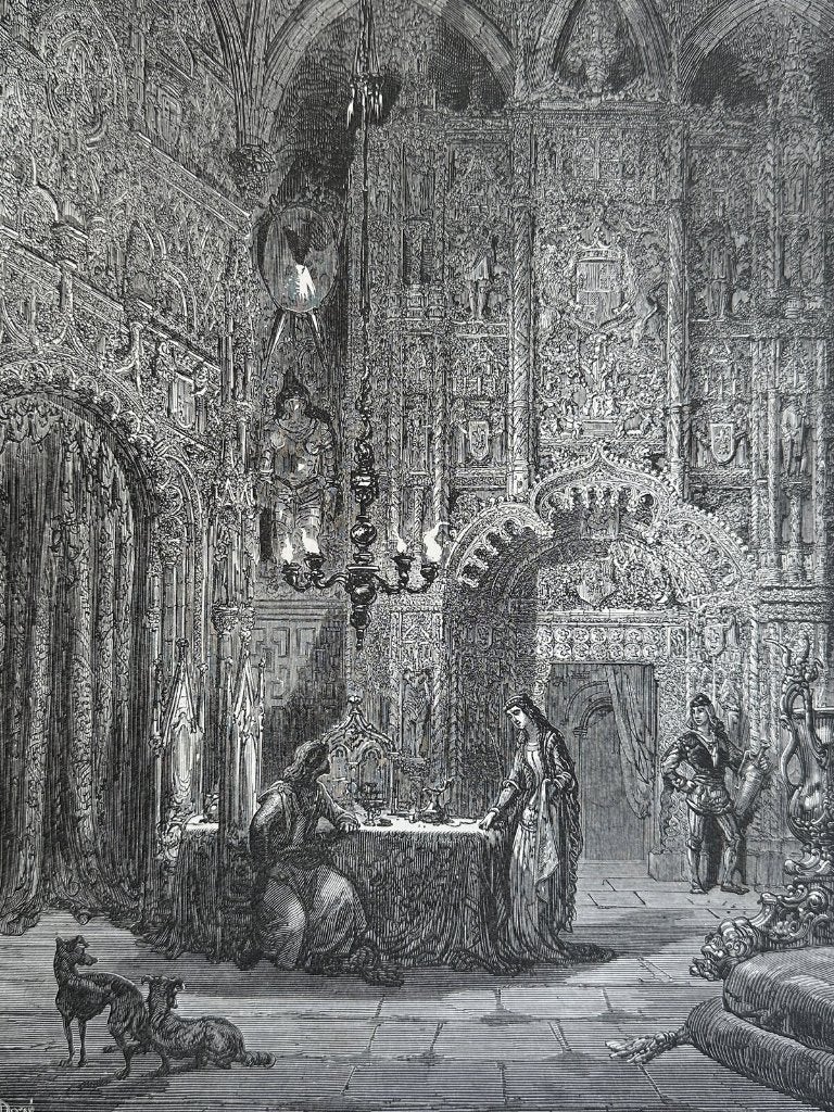 Don Quichot in het betoverde kasteel - Doré houtgravure 1890, Ophalen of Verzenden, Gravure, Blanco verso, 30 cm