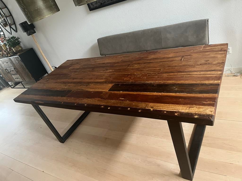 Eettafel 220x100 cm van Indonesisch boothout, Huis en Inrichting, Tafels | Eettafels, Ophalen, Gebruikt, 100 tot 150 cm, 200 cm of meer