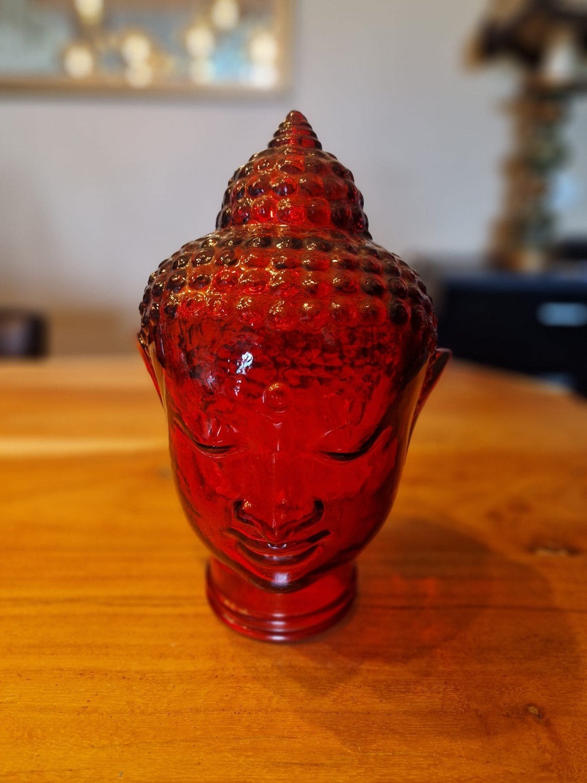 Glazen Rode Boeddha Beeld Hoofd - 30x20 cm, Huis en Inrichting, Ophalen of Verzenden, Zo goed als nieuw, Glas, Rood
