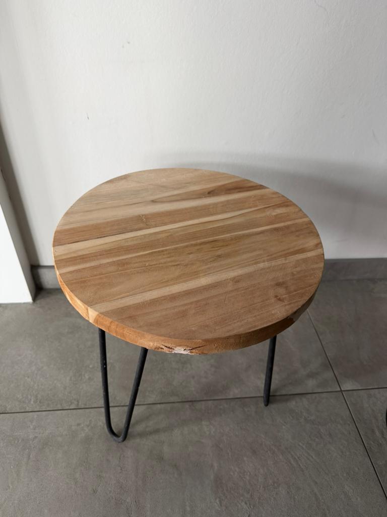 2x bijzettafel met massief teakhouten blad en stalen poten, Ophalen, Minder dan 45 cm, Minder dan 55 cm, Rond