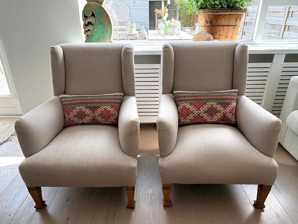 Klassieke oorfauteuil stoelen - beige linnen fauteuil, Ophalen, 75 tot 100 cm, Zo goed als nieuw, Stof