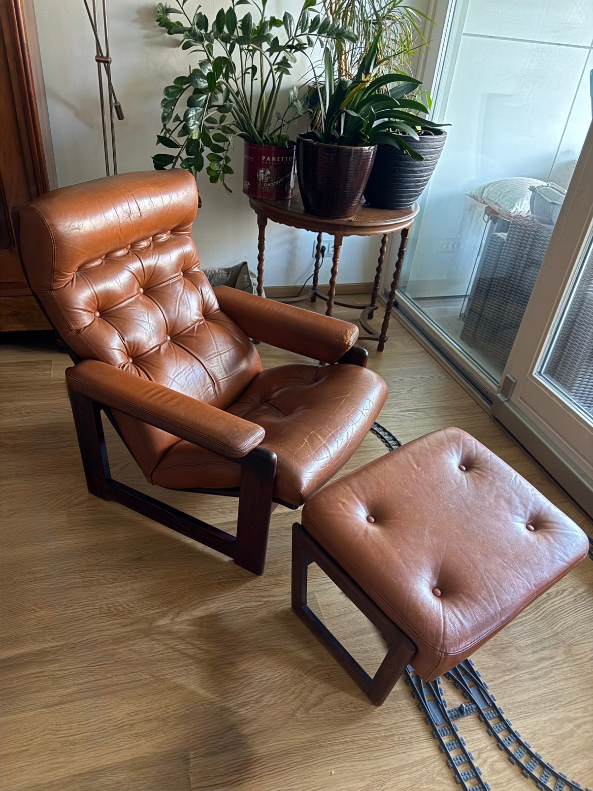 Vintage Scandinavische Lounge Chair + Hocker ‘70 Cognac Leer, Ophalen, Gebruikt, 50 tot 75 cm, Leer