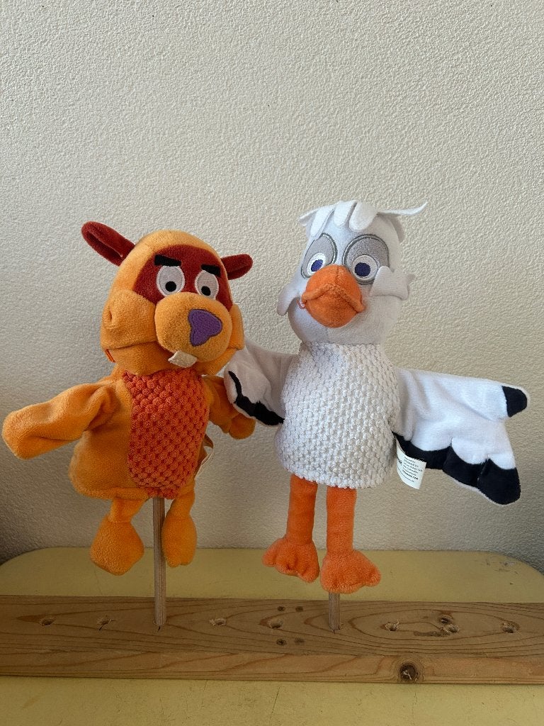 De Fabeltjeskrant handpoppen Juffrouw Ooievaar & Bor, Gebruikt, Overige typen, Ophalen of Verzenden, Middelgroot (20 tot 80 cm)