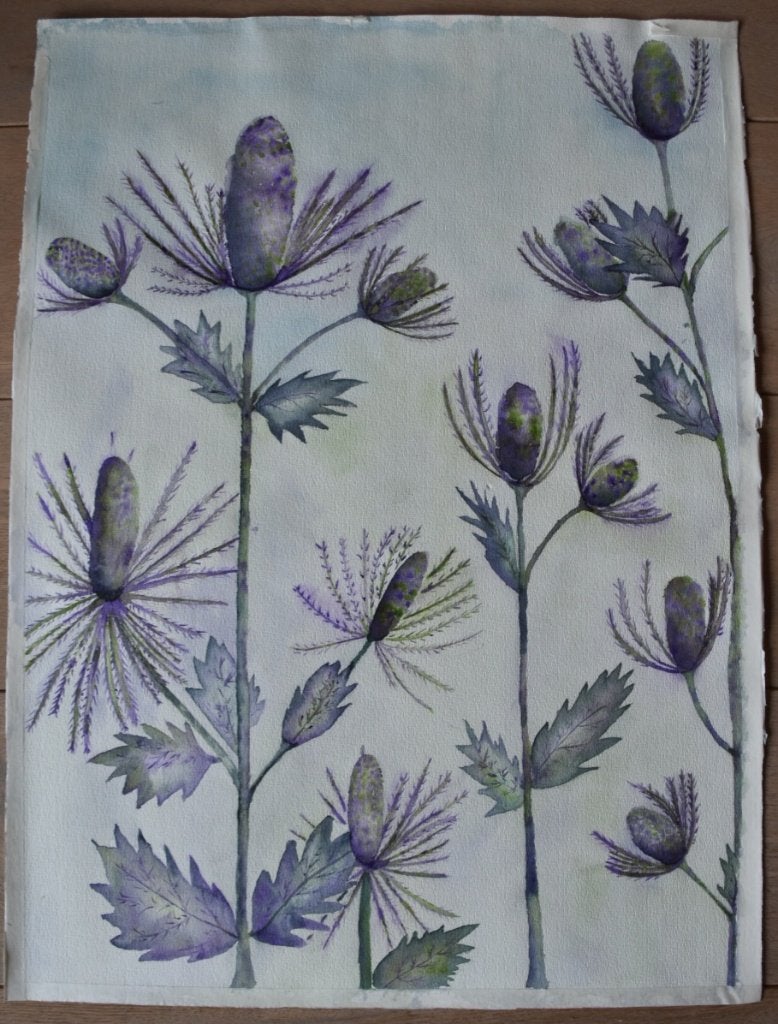 Handgemaakte aquarel van distelbloemen op papier, Realistisch, Aquarel, Origineel werk, Papier