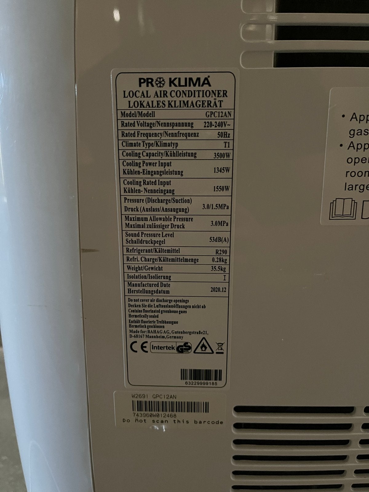 PR Klima Mobiele Airco GPC12AN - Koelen en Ontvochtigen, Ophalen, 3 snelheden of meer, Zo goed als nieuw, Koelen en Ontvochtigen