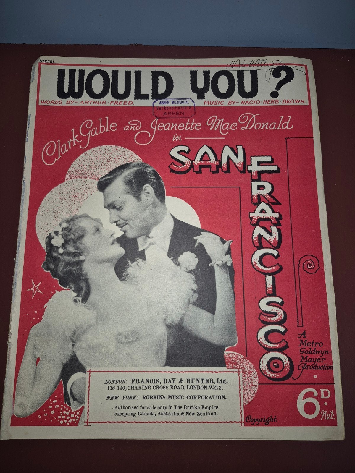 Vintage bladmuziek: "Would You?" uit San Francisco (1936), Muziek en Instrumenten, Gebruikt, Filmmuziek en Soundtracks, Zang, Ophalen of Verzenden