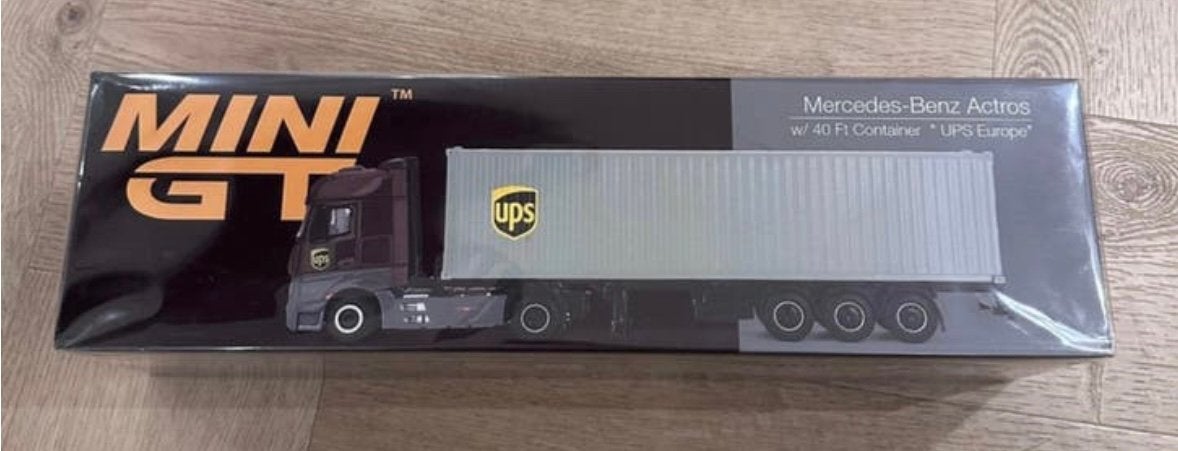 Mini GT 1/64 #705 Mercedes-Benz Actros w/40 Ft Container UPS, Hobby en Vrije tijd, Modelauto's | Overige schalen, Ophalen of Verzenden