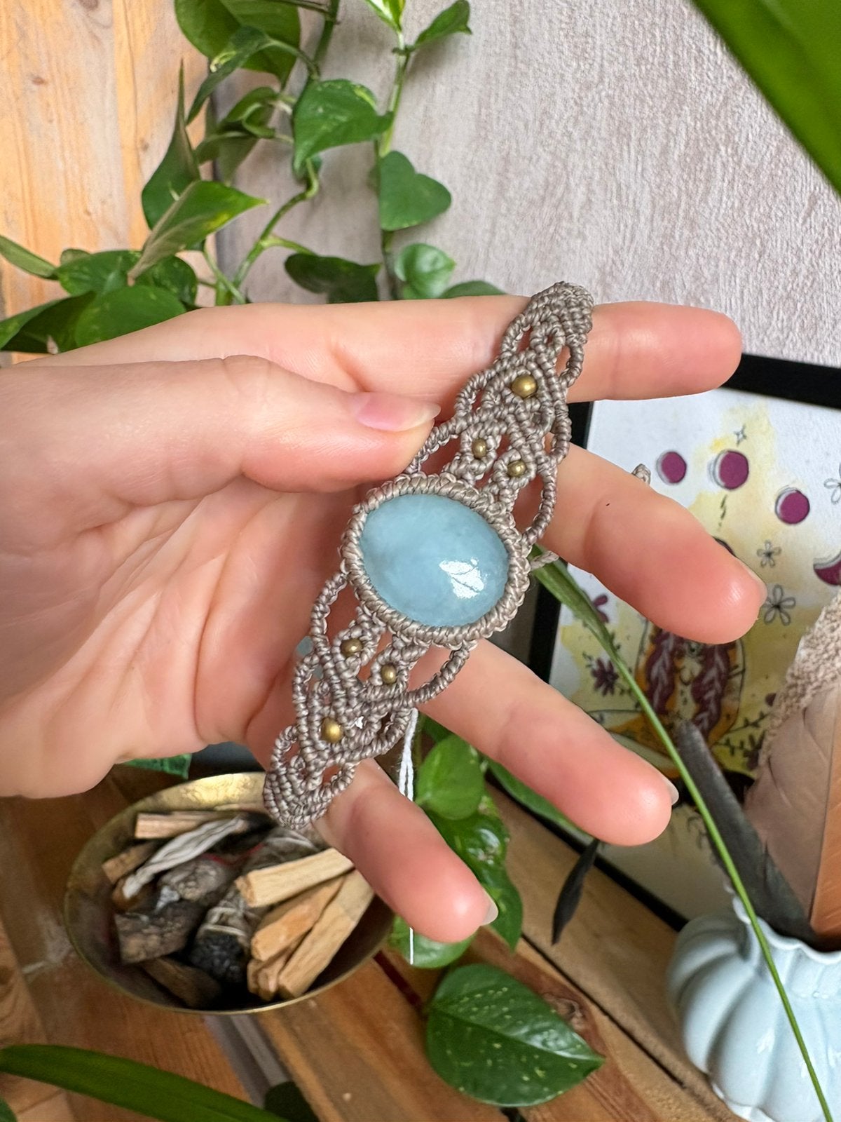 Armband met aquamarijn (macrame), Sieraden, Tassen en Uiterlijk, Armbanden, Overige materialen, Nieuw, Met edelsteen, Verzenden