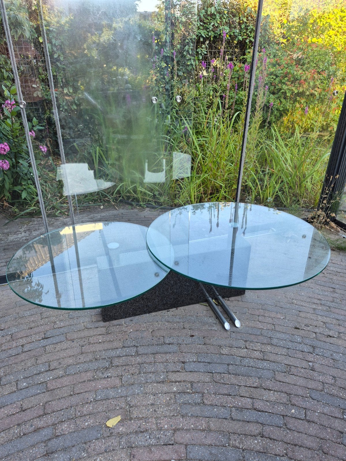 Glazen salontafel op marmeren voet - draaibare bladen, Ophalen