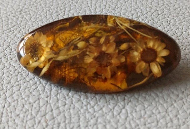 Vintage Ovale hars broche met botanische droogbloemen, Overige materialen, 4 tot 7 cm, Gebruikt, Bruin