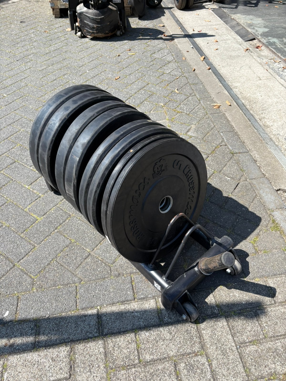 Crossmaxx 100 kg bumperplates incl  rek, Ophalen, Halterschijven, Gebruikt, Incl rek