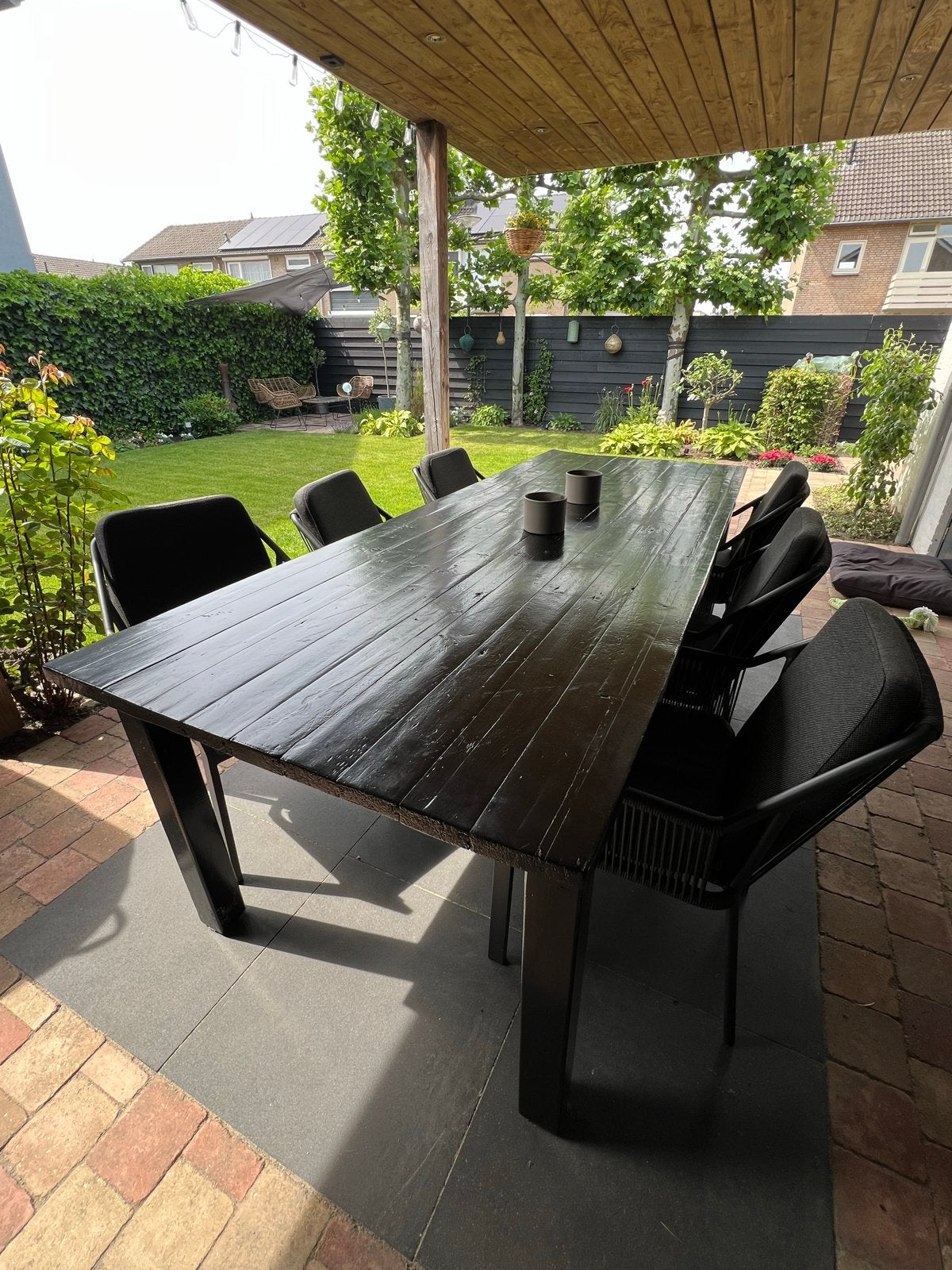 Robuuste Zwarte grenen Eettafel, Ophalen, Gebruikt, 200 cm of meer, 50 tot 100 cm