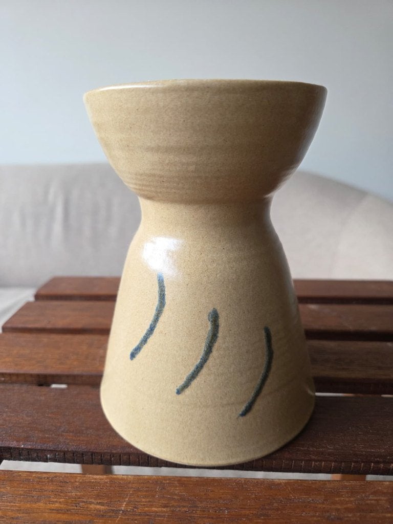 Vintage keramieken vaas in beige en blauwgroene accenten, Ophalen of Verzenden