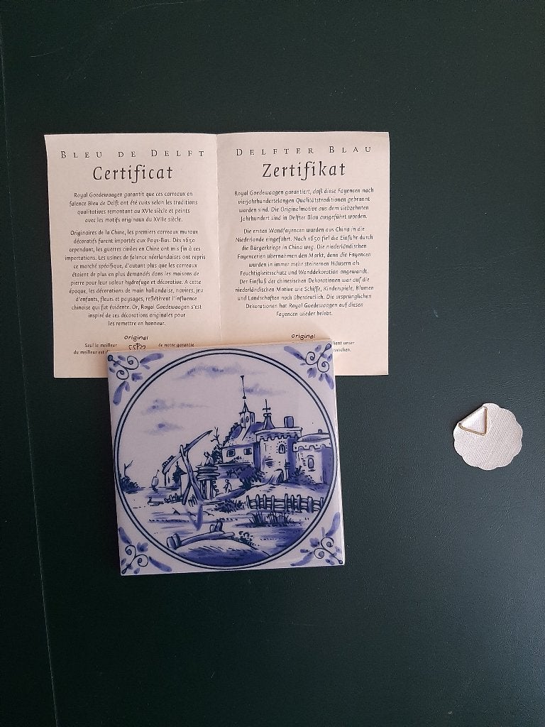 Tegeltje Delftsblauw Royal Goedewaagen met kerkje 10x10 cm, Verzenden