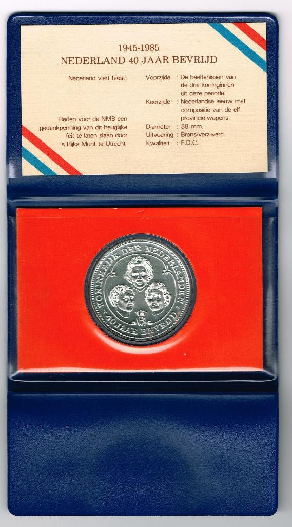 1945-1985 NEDERLAND 40 JAAR BEVRIJD munt FDC kwaliteit, Ophalen of Verzenden, Brons, Nederland